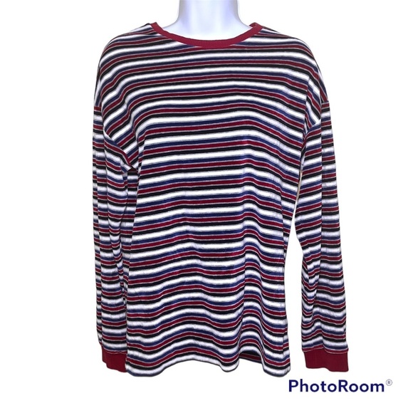 ASOS men’s burgundy stripe long sleeve crew neck towelling 90’s shirt Sz XXS - Picture 5 of 5